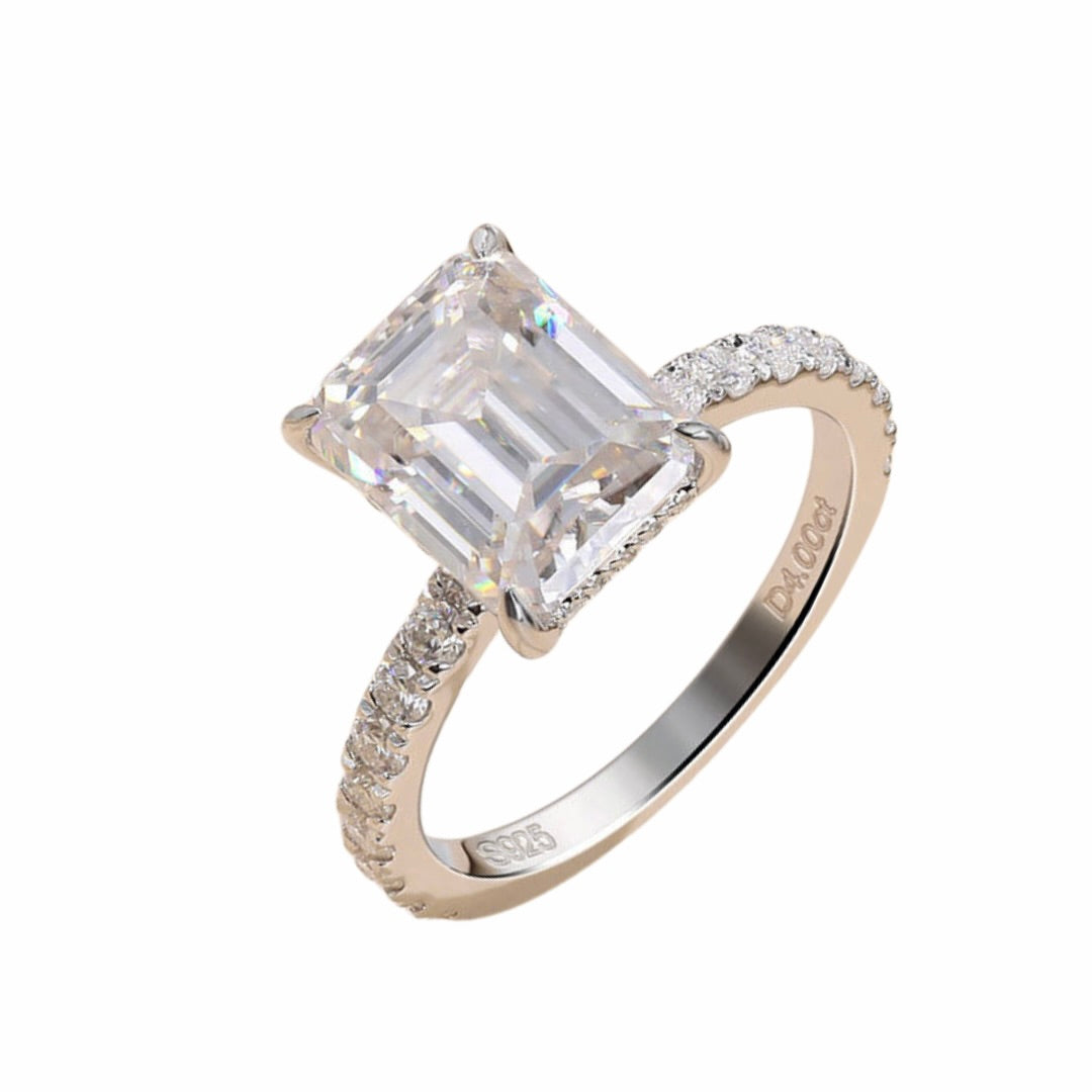 4 ct Emerald Cut Moissanite Hidden Halo Pave Band Engagement Ring