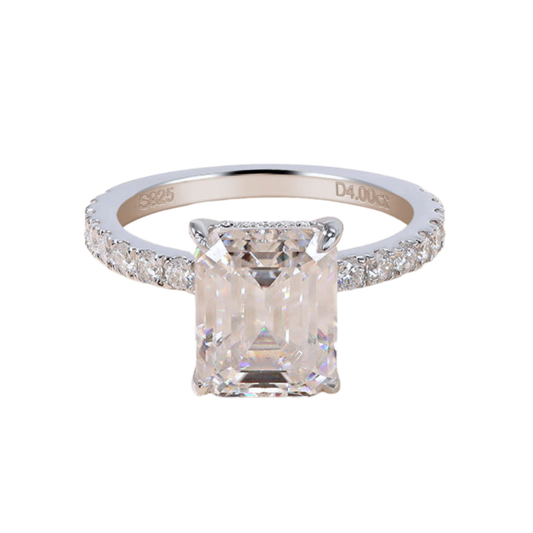 4 ct Emerald Cut Moissanite Hidden Halo Pave Band Engagement Ring