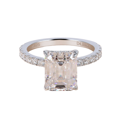 4 ct Emerald Cut Moissanite Hidden Halo Pave Band Engagement Ring