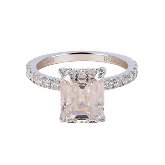 4 ct Emerald Cut Moissanite Hidden Halo Pave Band Engagement Ring